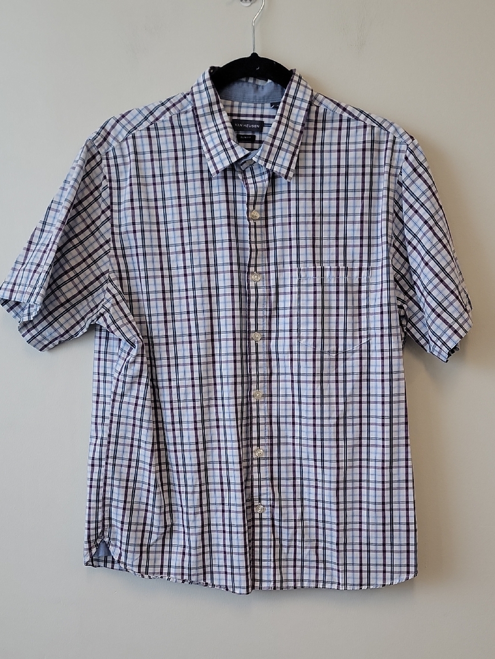 Van Heusen Short-Sleeve Plaid Button-Down Shirt - White, Blue & Purple
